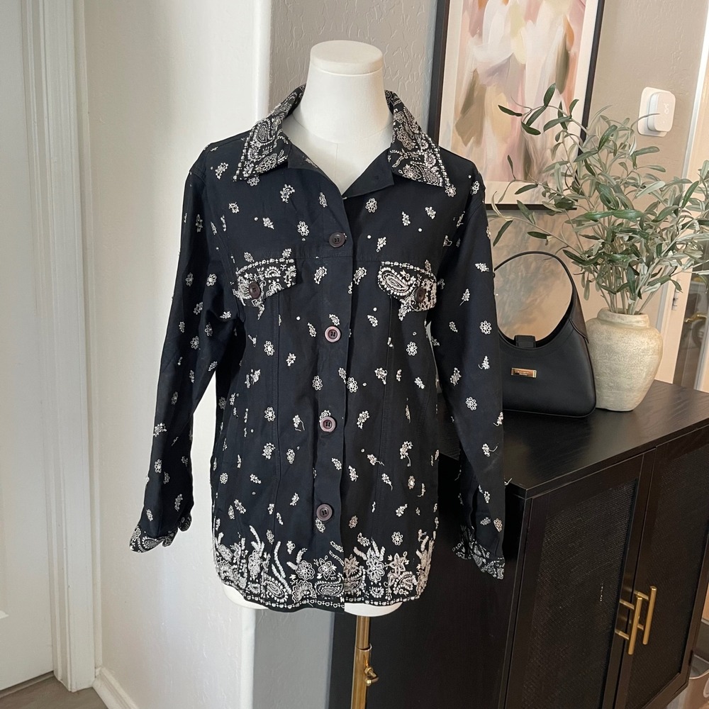 The Quacker Factory Jacket Women S Black Bandana Paisley Embellished Good Cotton